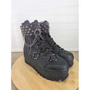 Current Mood Platform Boots 6 Studded Chain Black Combat Goth Grunge Dolls‎ Kill